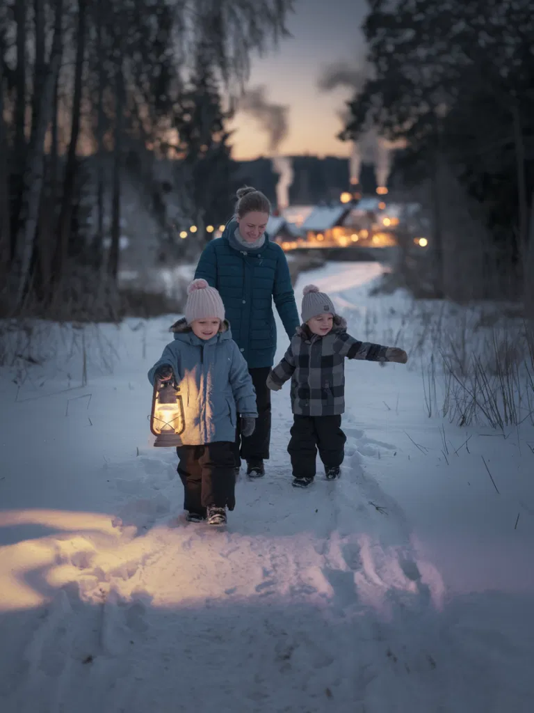 Familie spaziert im Schnee mit Laterne abends.